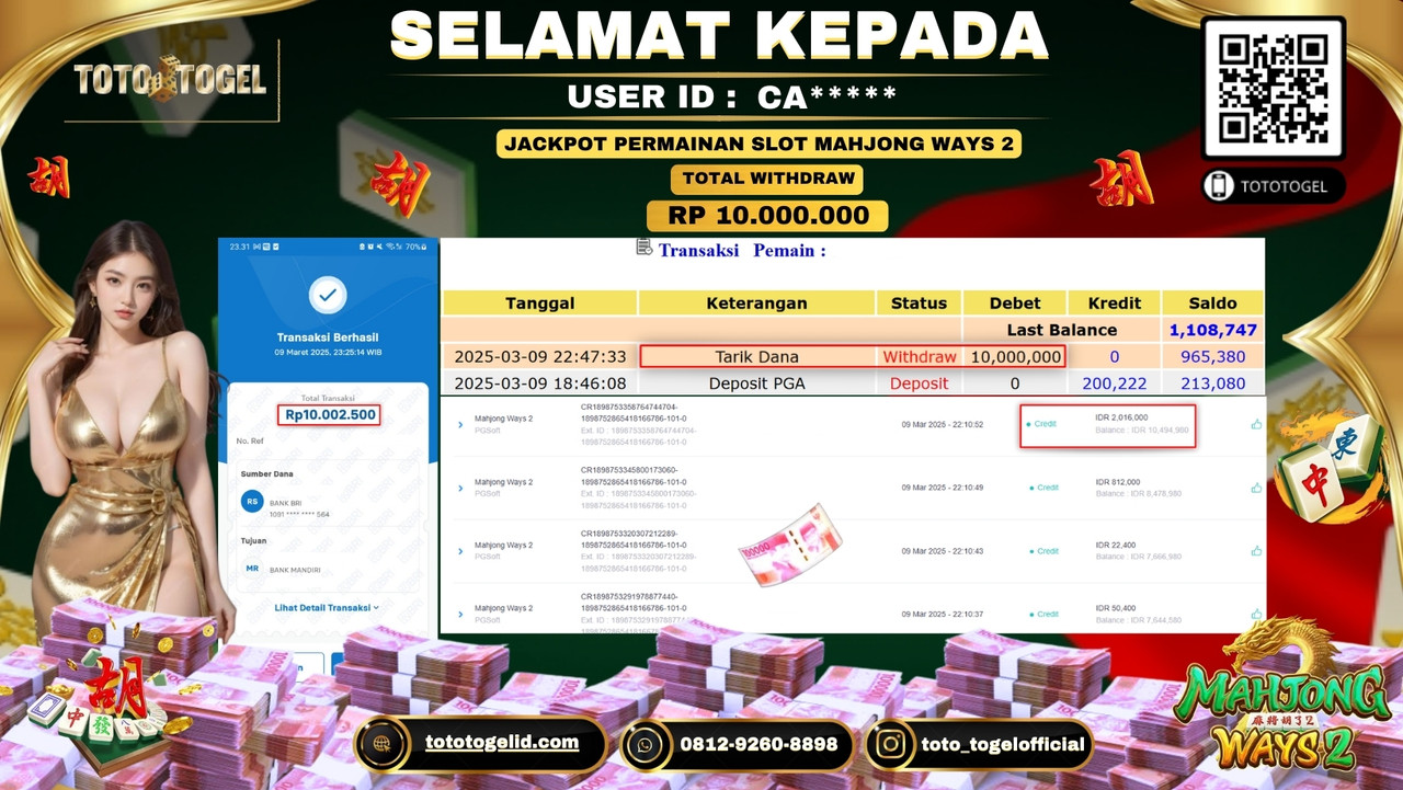 Bukti Pembayaran Jackpot  Permainan Slot Mahjong Ways 2  ID:CA***** LUNAS