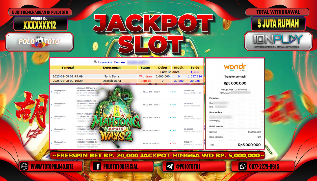 POLOTOTO JACKPOT SLOT MAHJONG WAYS 2 Rp.5.000.000,-LUNAS