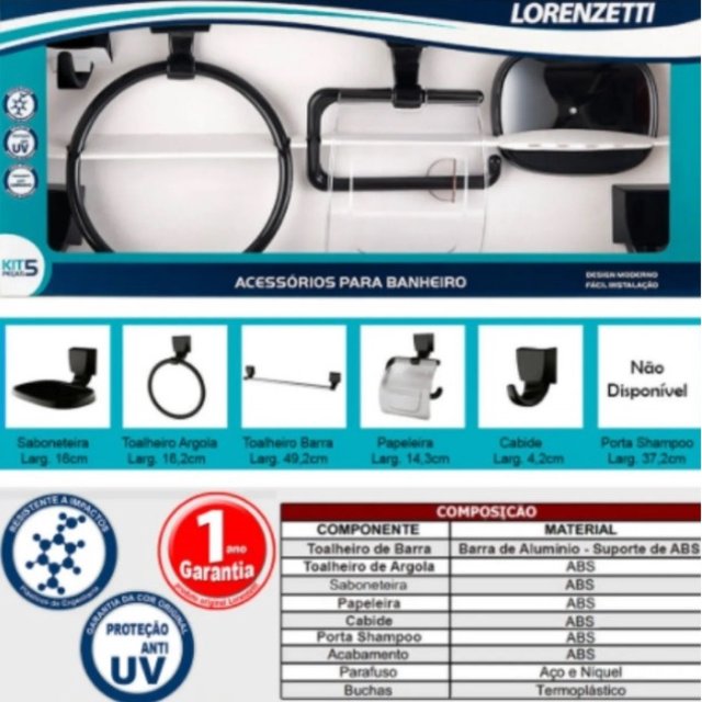 Kit Acessórios Lorenzetti Quadra 5 peças Preto F24