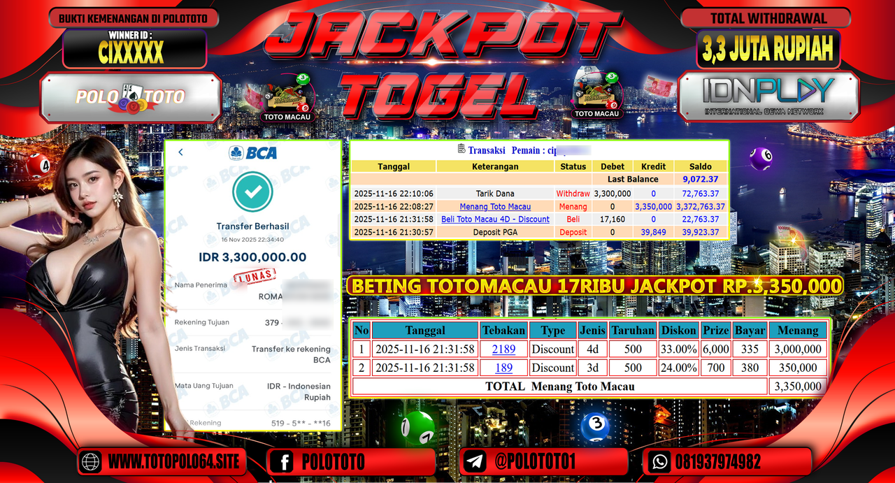 POLOTOTO JACKPOT TOGEL MENANG TOTO MACAU Rp.3.300.000,- LUNAS