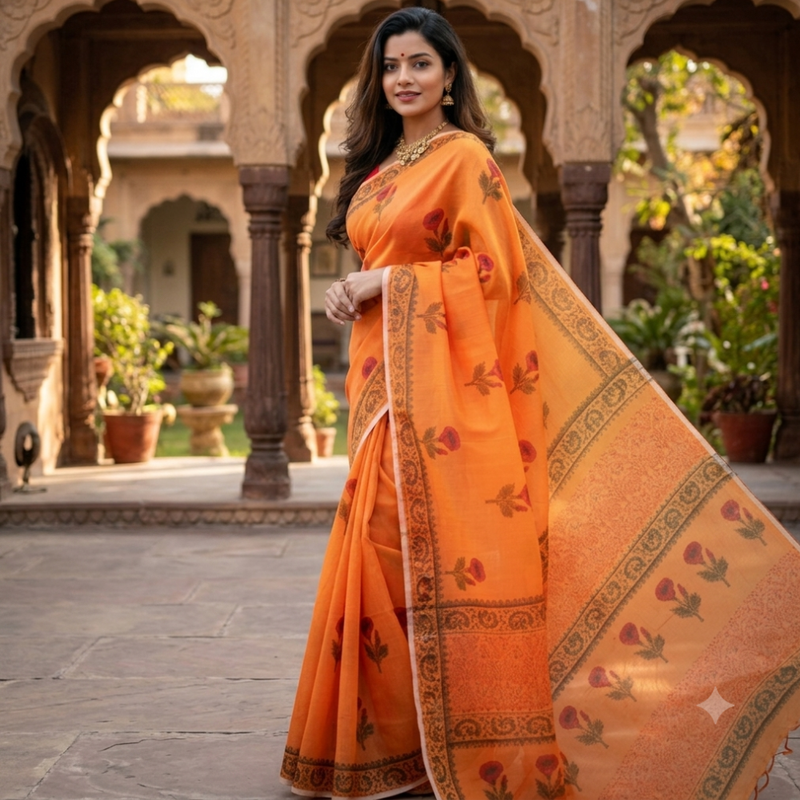 Pure Chanderi Silk Handblock Printed Saree - Traditional Indian Ethnic Wear for Women by Qyaari