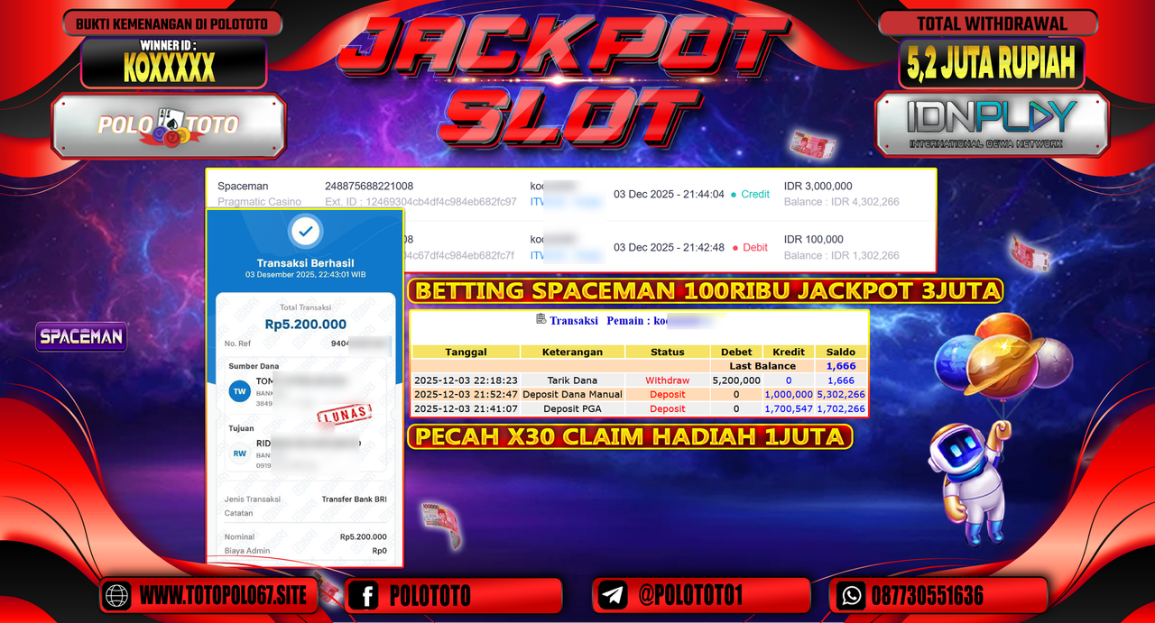 POLOTOTO JACKPOT SLOT SPACEMAN Rp.5.200.000,- LUNAS