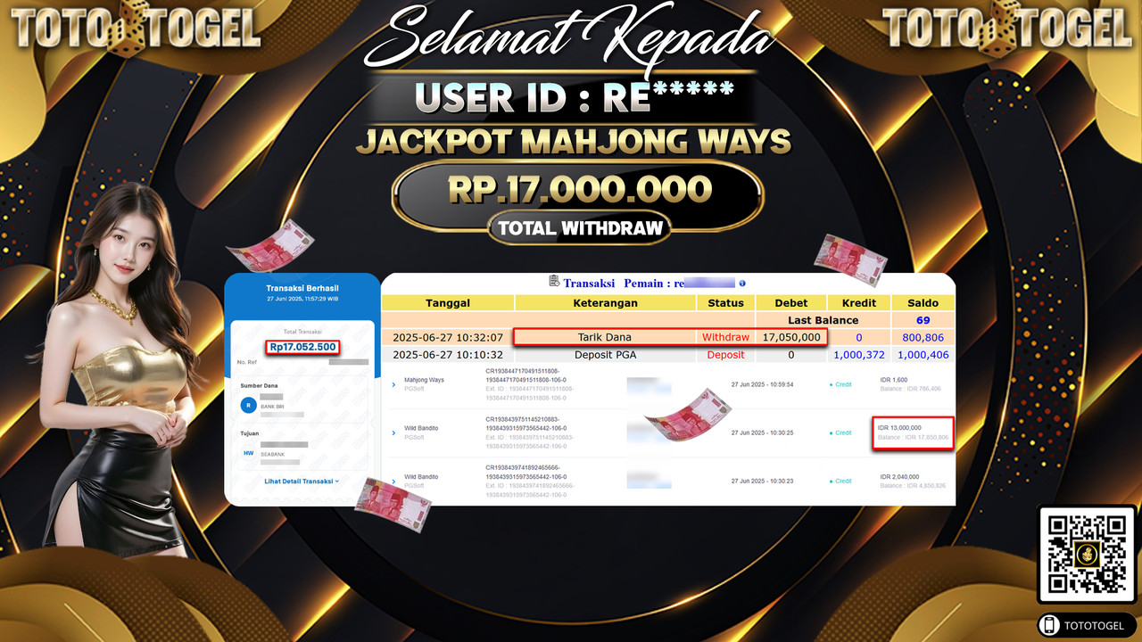 Bukti Pembayaran Jackpot Permainan Slot Mahjong Ways ID:RE***** LUNAS