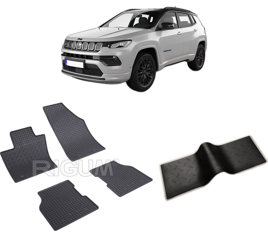 Set covorase auto JEEP COMPASS II (MP) 4XE din 07.2020-PREZENT, cu covoras tunel median, CAROSERIE SUV, Presuri cauciuc 100%, compatibil cu autoturismul JEEP COMPASS II (MP) 4XE, Rigum