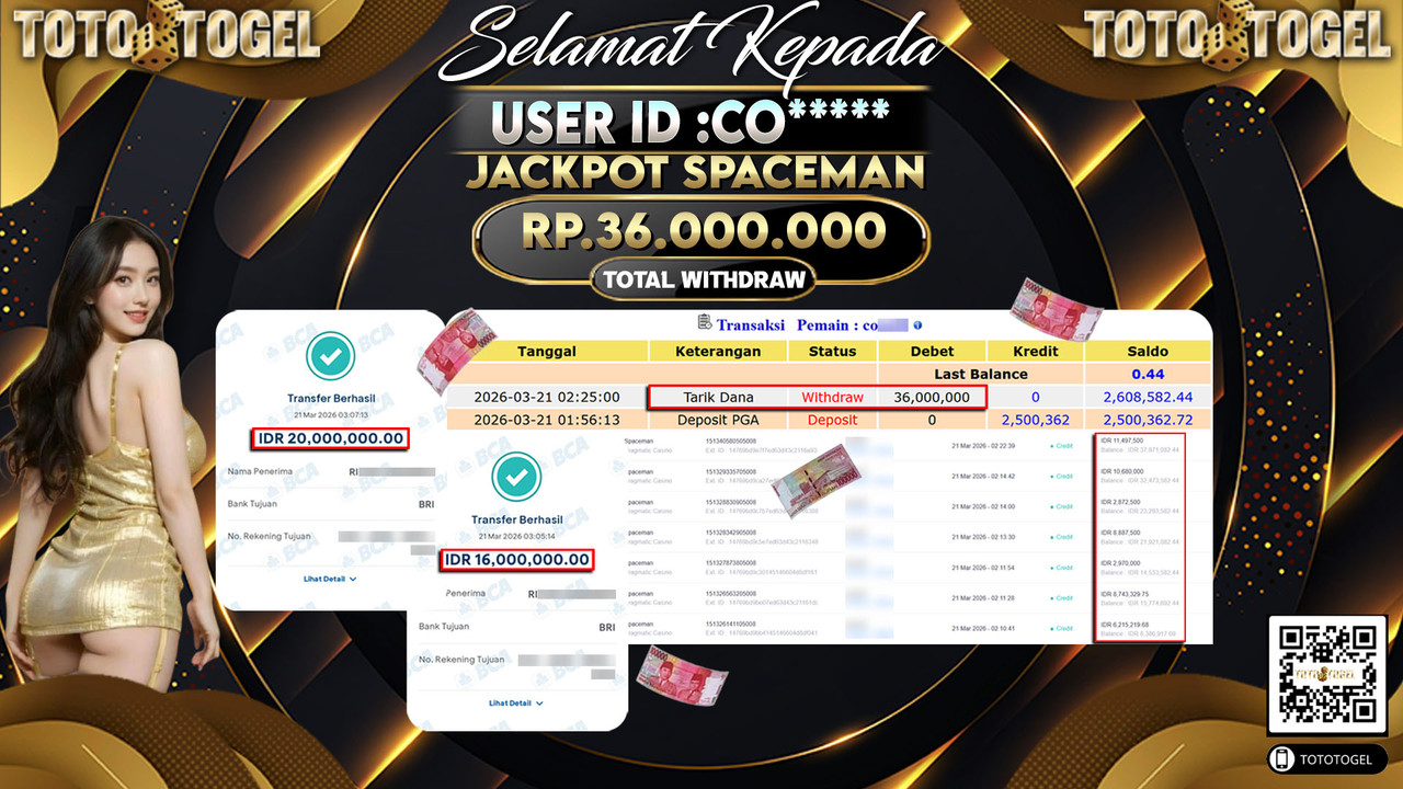 Bukti Pembayaran Jackpot Permainan Pragmatic Casino Spaceman ID:CO*****LUNAS