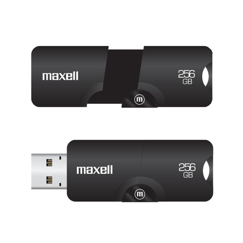 Memoria USB de 256GB de Maxell, modelo Flix, con diseño retráctil.