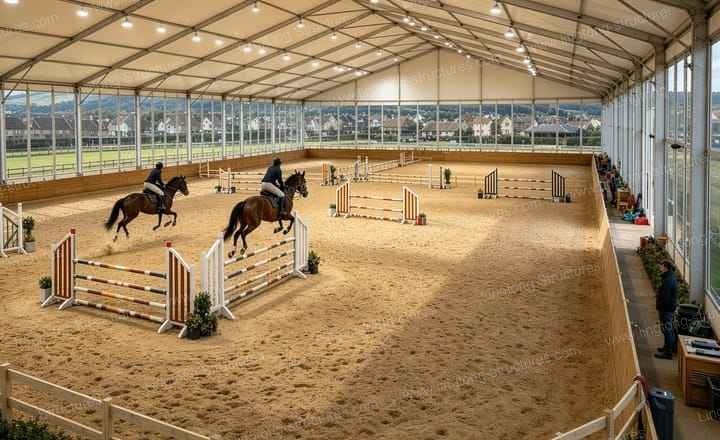 Equestrian tent interior showing the main training arena with clear-span space