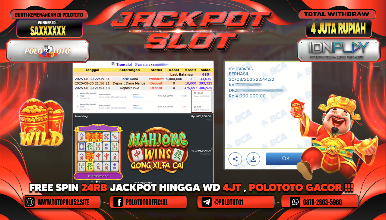 POLOTOTO JACKPOT SLOT MAHJONG WINS-GONG XI FA CAI Rp.4.000.000,-