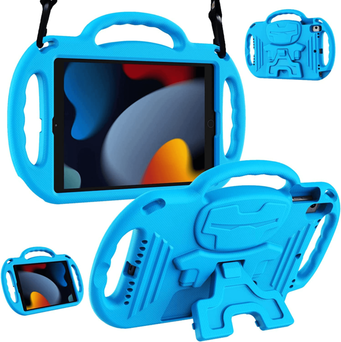 Funda iBuy para iPad de color rosa, mostrando su función de soporte y agarre fácil.