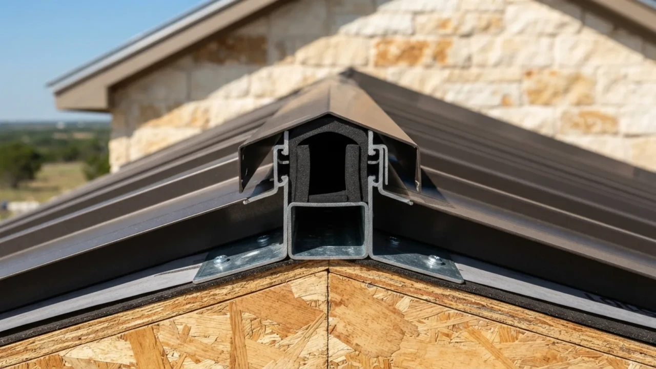 Standing seam metal roof ridge cap installation San Antonio TX showing two-piece ridge cap system and foam closures