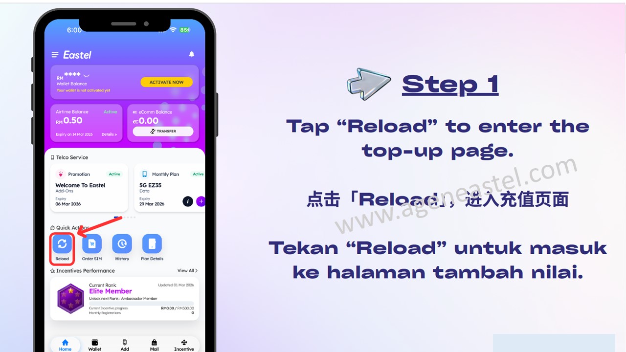 Step 1 cara topup Eastel tekan reload dalam aplikasi