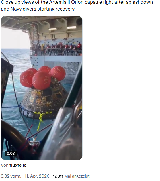 Orion-Kapsel vor Bergung