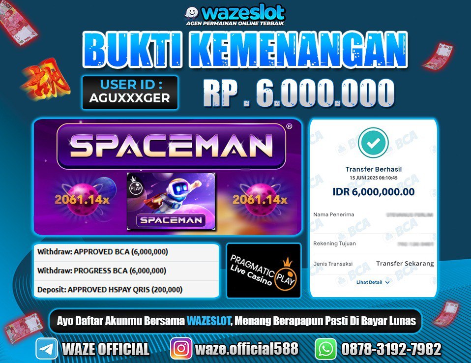 BUKTI KEMENANGAN 15 JUNI 2025 DI GAME SPACEMAN