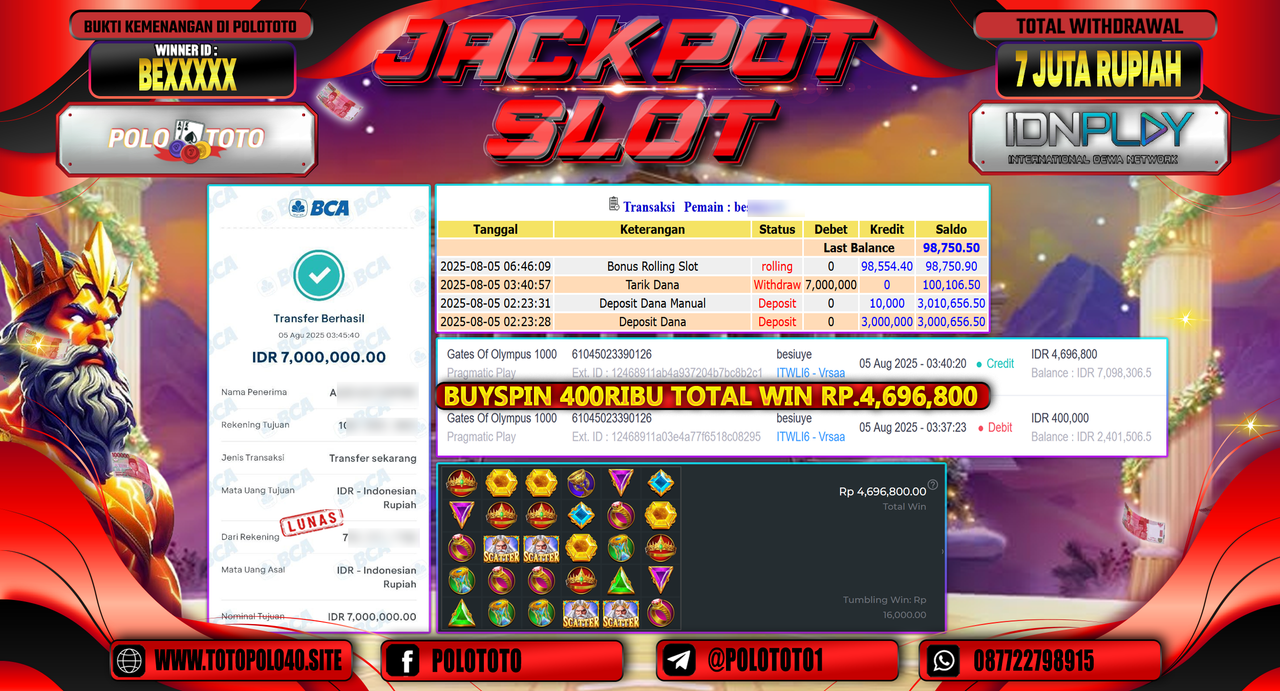 POLOTOTO JACKPOT SLOT GATES OF OLYMPUS 1000 Rp.7.000.000,-LUNAS