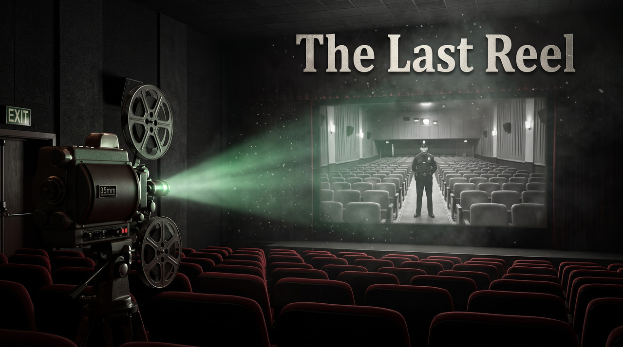 A vintage projector glows in a dark theater, projecting an image of the audience with a faceless figure among them, evoking a cinematic haunting.