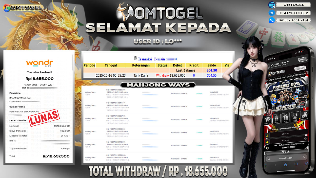 OMTOGEL JACKPOT PGSOFT MAHJONG WAYS 18 JUTA DI BAYAR LUNAS ,-