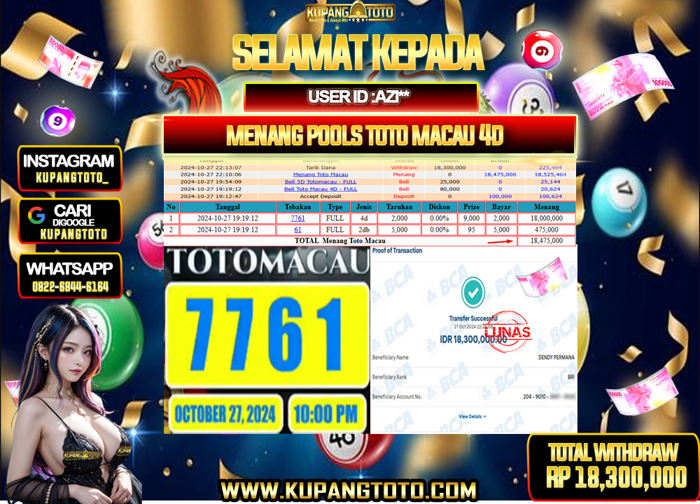 SELAMAT KEPADA MEMBER KUPANGTOTO POOLS TOTOMACAU 4D  Rp. 18.300.000,- LUNAS