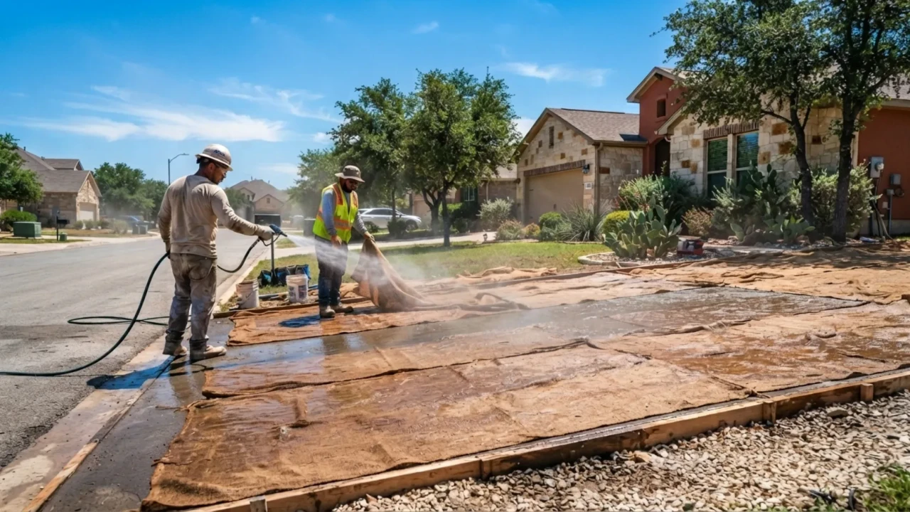 Concrete curing process hot weather San Antonio driveway