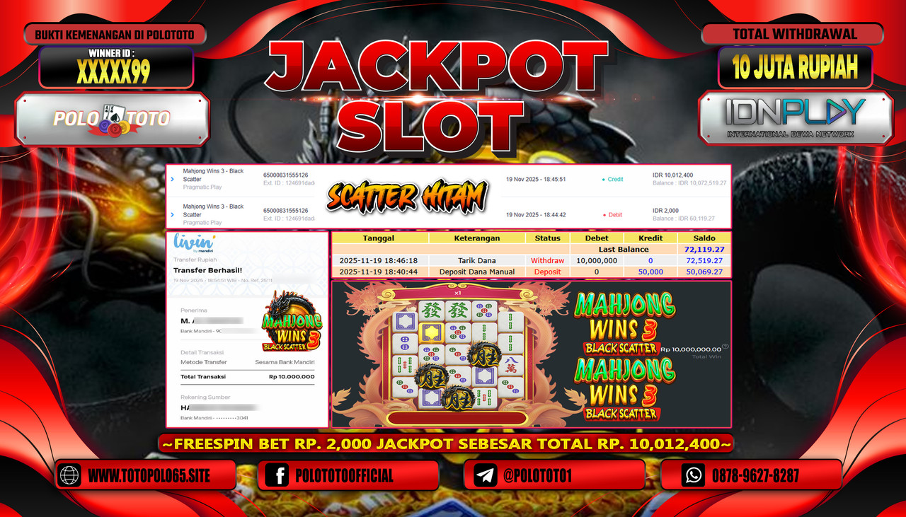 POLOTOTO JACKPOT SLOT MAHJONG WINS 3 - BLACK SCATTER Rp.3.000.000,- LUNAS