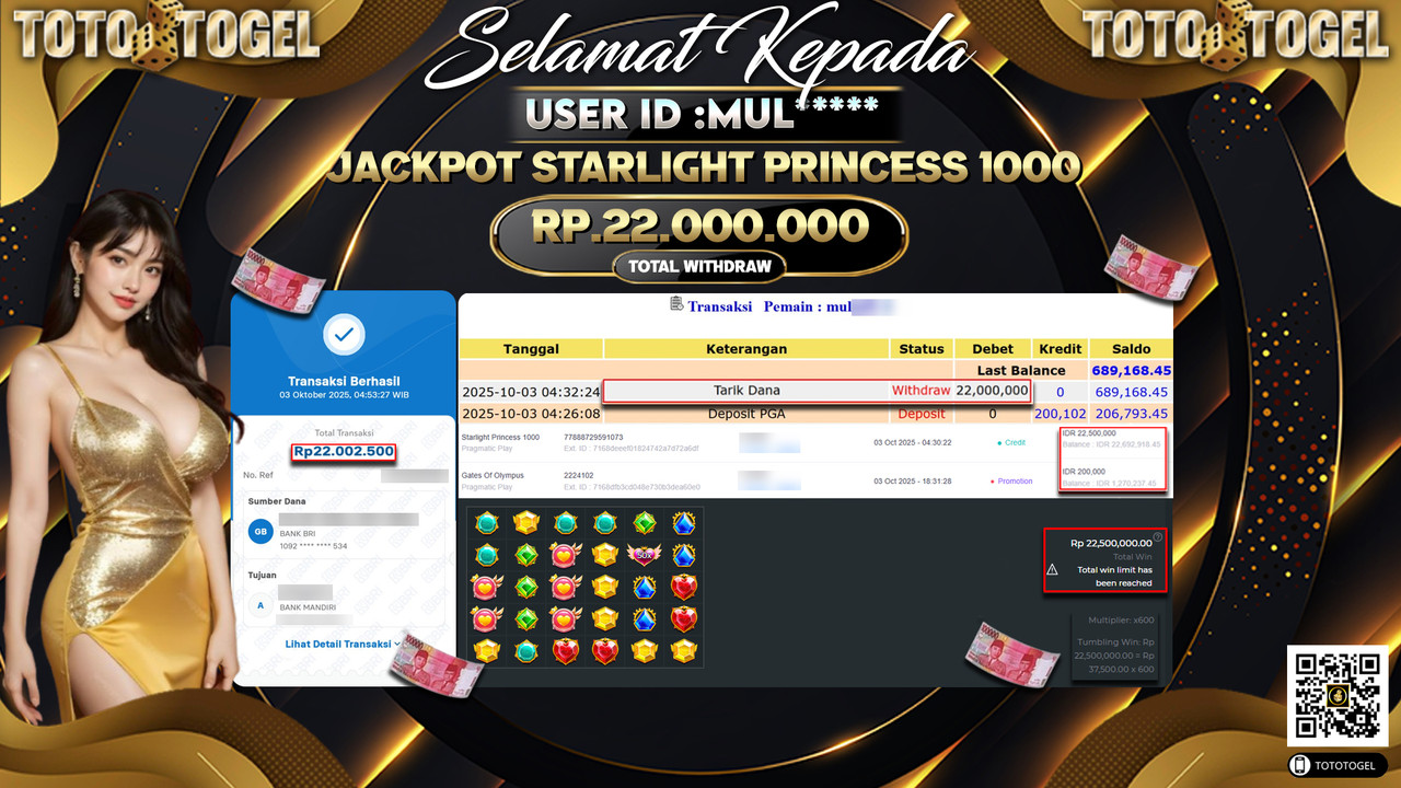 Bukti Pembayaran Jackpot Permainan Slot Starlight Princess 1000 ID:MUL*** LUNAS