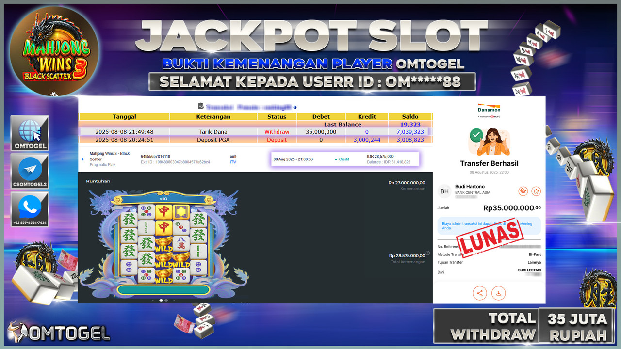 OMTOGEL JACKPOT PRAGMATIC PLAY MAHJONG WINS 3 BLACK SCATTER 35 JUTA DI BAYAR LUNAS ,-