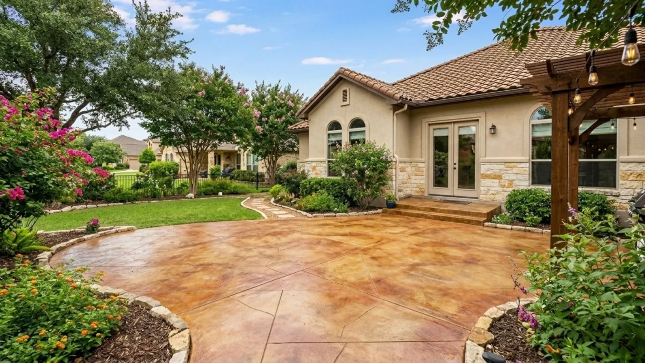 Stained concrete patio adding curb appeal and home value in San Antonio neighborhood