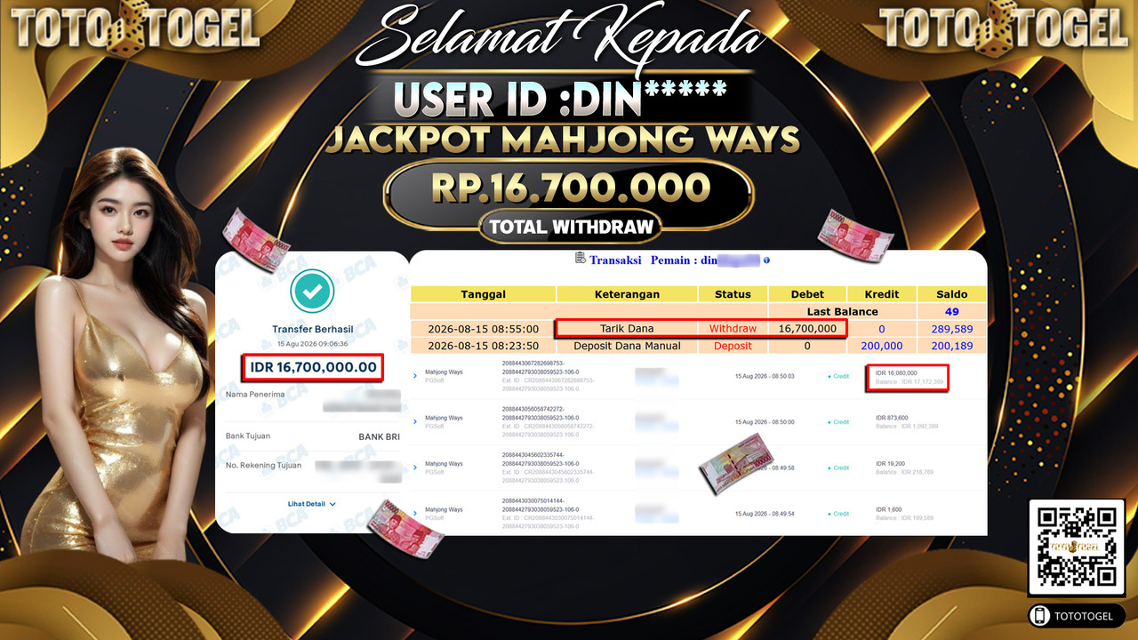 Bukti Pembayaran Jackpot Slot Mahjong Ways  ID:DIN*****LUNAS