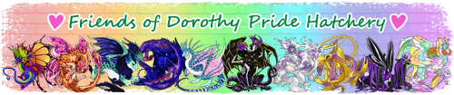 A banner featuring a row of dragons the colors of a variety of LGBTQ+ pride flags on a pastel rainbow brick background, with text above them that says Friends of Dorothy Pride Hatchery in between two pink hearts. Clicking this will take you to said hatchery.