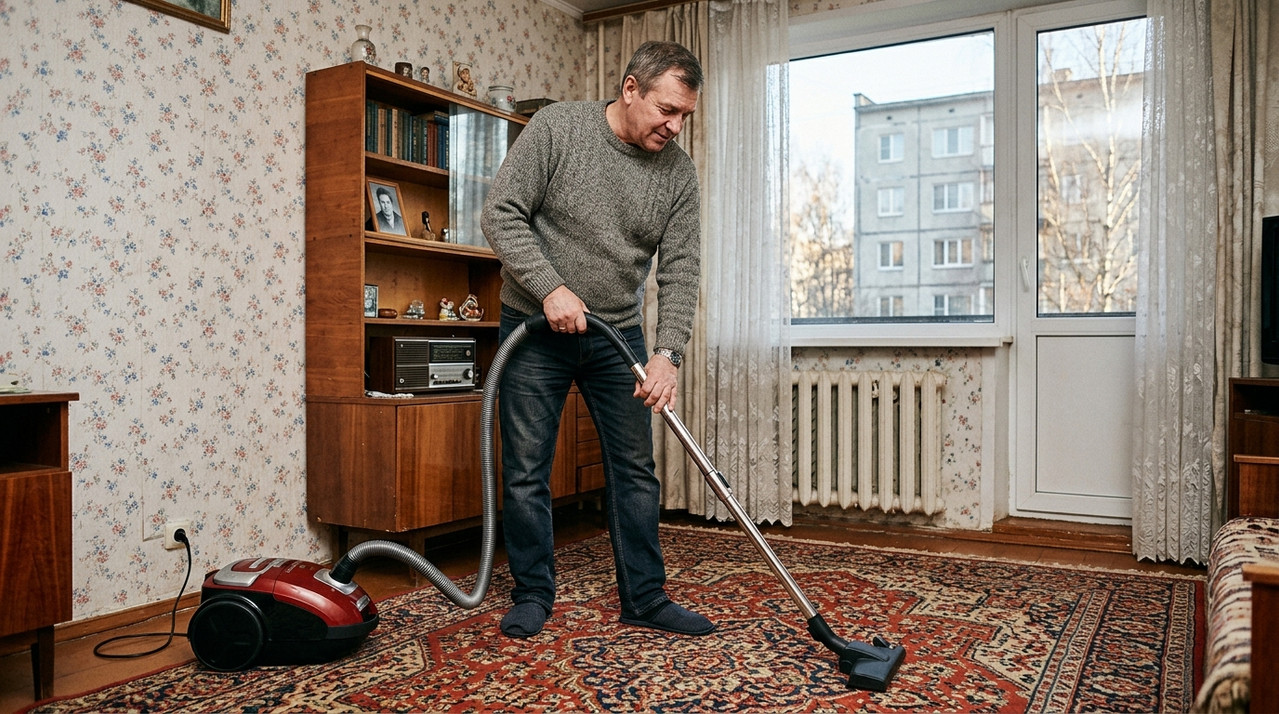 Человек пылесосит ковёр и моет полы в типичной российской квартире самостоятельно