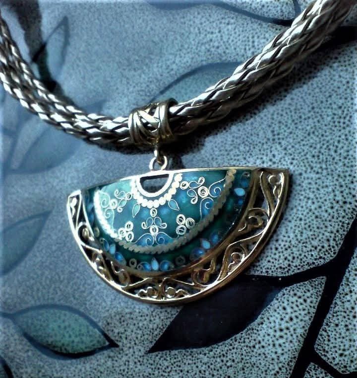 Cloisonné Enamel Pendant Emerald Moon - handmade cloisonne enamel
