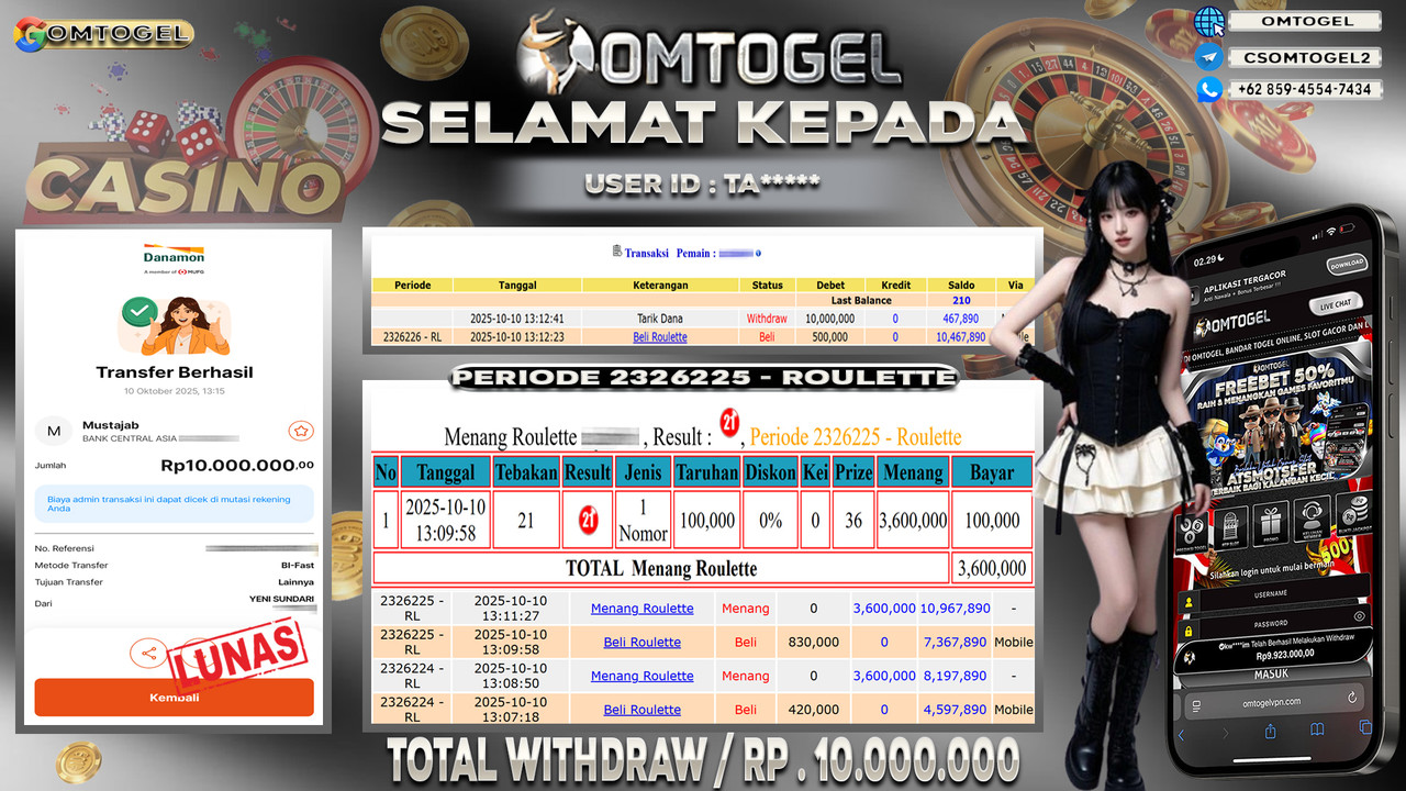 OMTOGEL JACKPOT LIVE GAMES ROULETTE 10 JUTA DI BAYAR LUNAS ,-