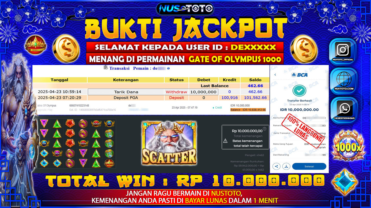 JACKPOT !! MENANG BESAR DI SLOT GATES OF OLYMPUS 1000 Rp. 10.000.000 LANGSUNG DI BAYAR LUNAS NUSTOTO !!