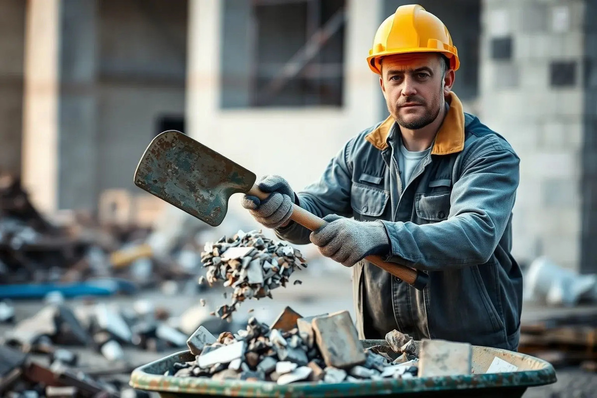 Строитель со строительным мусором