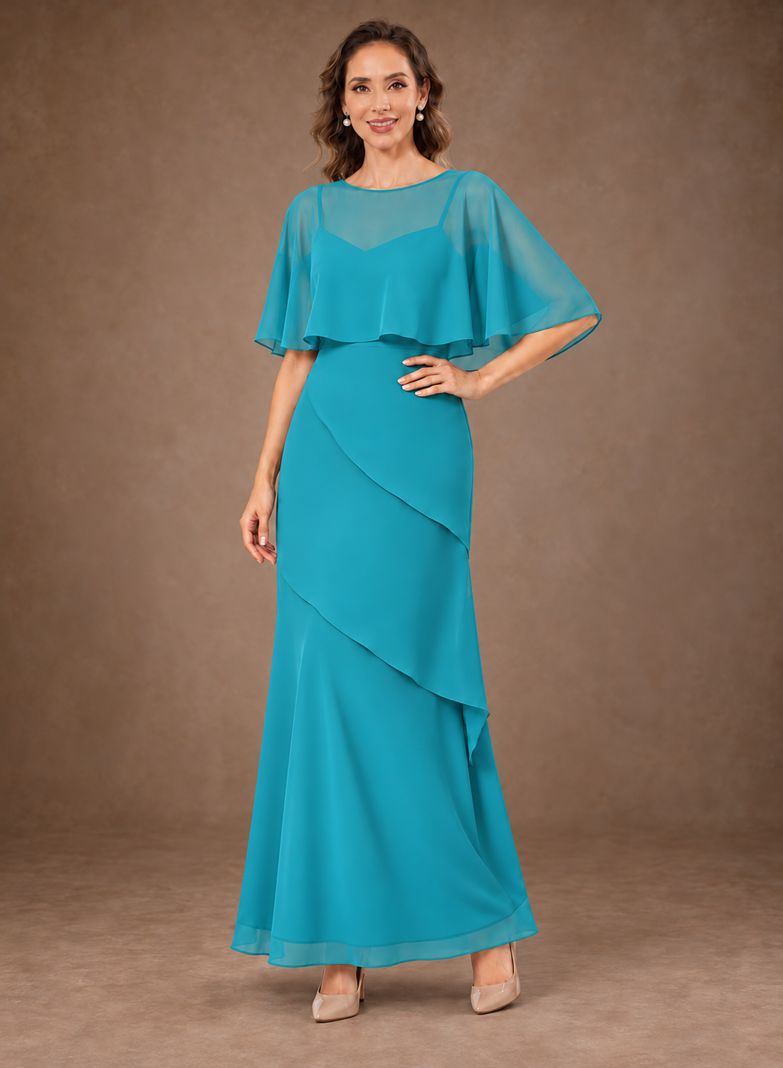 Mermaid Chiffon Scoop Neck Tiered Mother of the Bride Dress with Zipper Back