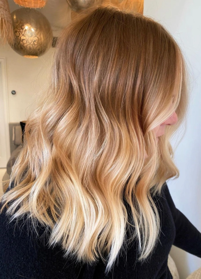 Golden blonde and light brown to red ombre