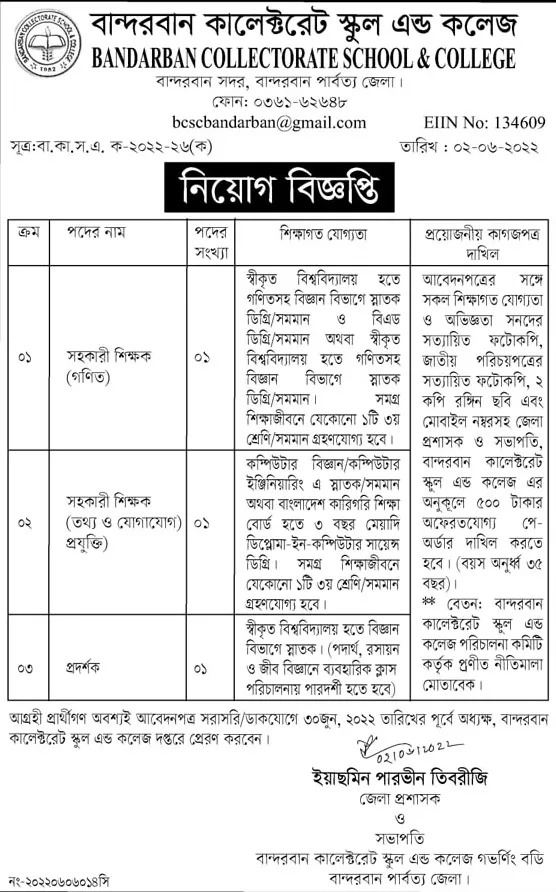 Bandarban Collectorate School and College Job Circular 2022