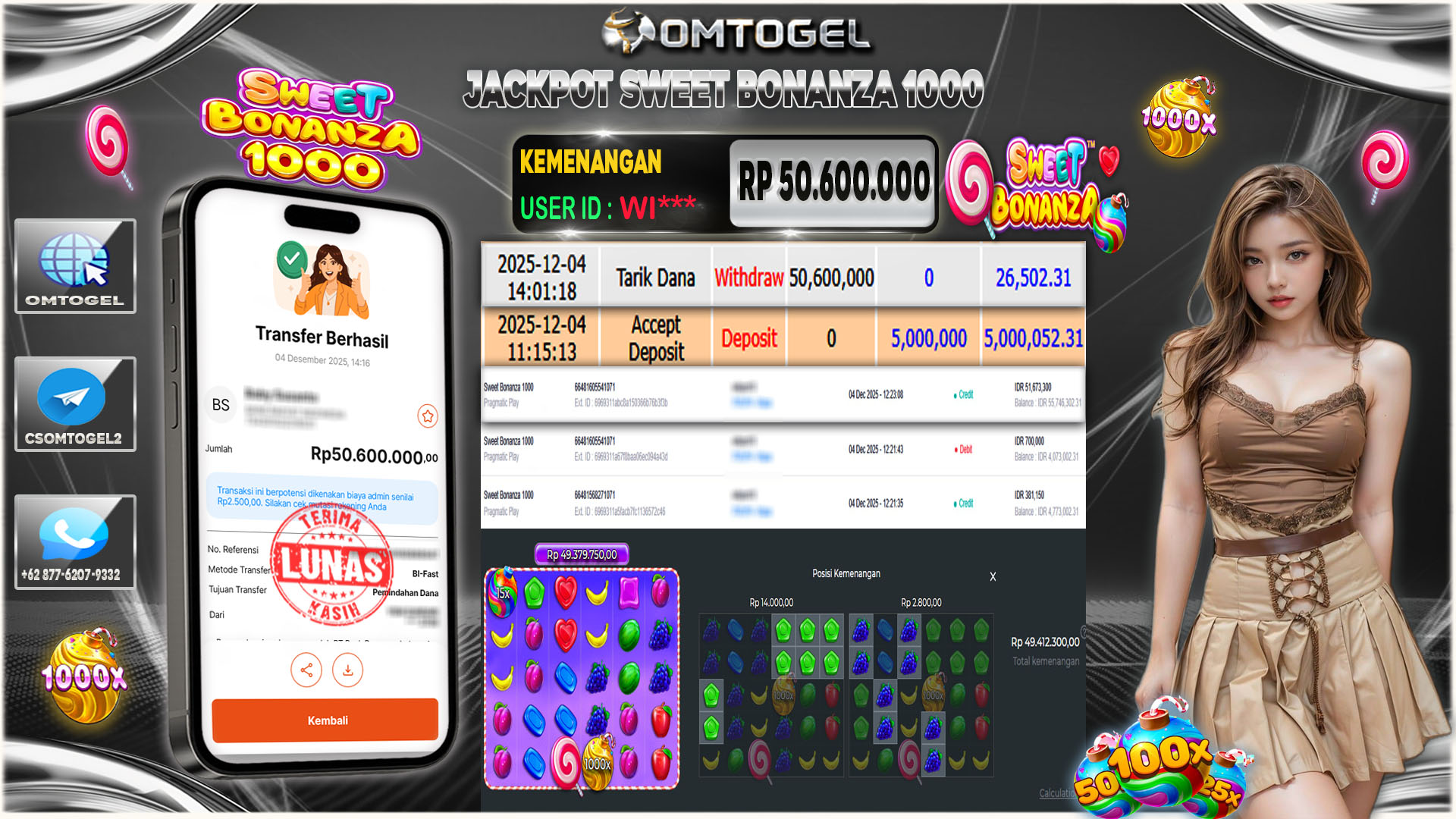 OMTOGEL JACKPOT PRAGMATIC PLAY SWEET BONANZA 1000 ,50 JUTA DI BAYAR LUNAS ,-
