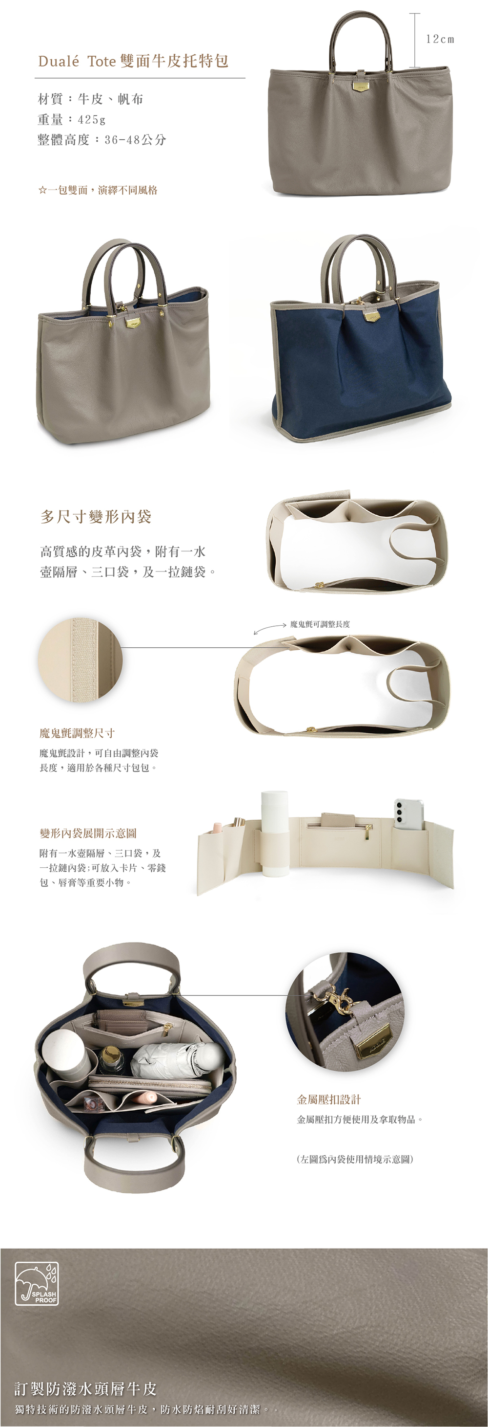 Dualé Tote 雙面牛皮托特包/海軍藍X斑鳩灰(加贈皮革內袋) - 手提包/手提袋 - 真皮 藍色