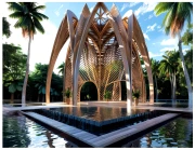 Architectural pavilion amenity rendering showing beachfront restaurant and bar structure with open-air design, tropical thatched roof, dining areas, and Indian Ocean views at Shivo Gardens resort facilities Zanzibar