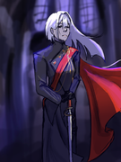 colored digital sketch of Mira Archambeau in a black outfit with a red sash and cape. She is holding a sword with its point on the floor and with a blurred background resembling the inside of a church with moonlight illuminating her from behind.
