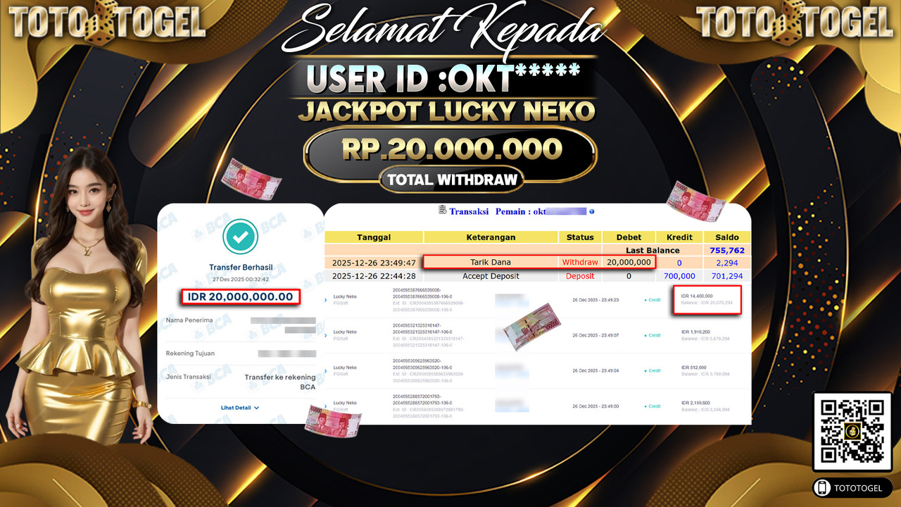 Bukti Pembayaran Jackpot Permainan Slot Lucky Neko ID:OKT**** LUNAS