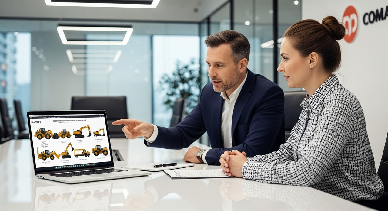 Деловая встреча представителей строительной компании и поставщика спецтехники, обсуждение парка машин, подчеркивающее важность правильного выбора надежного партнера