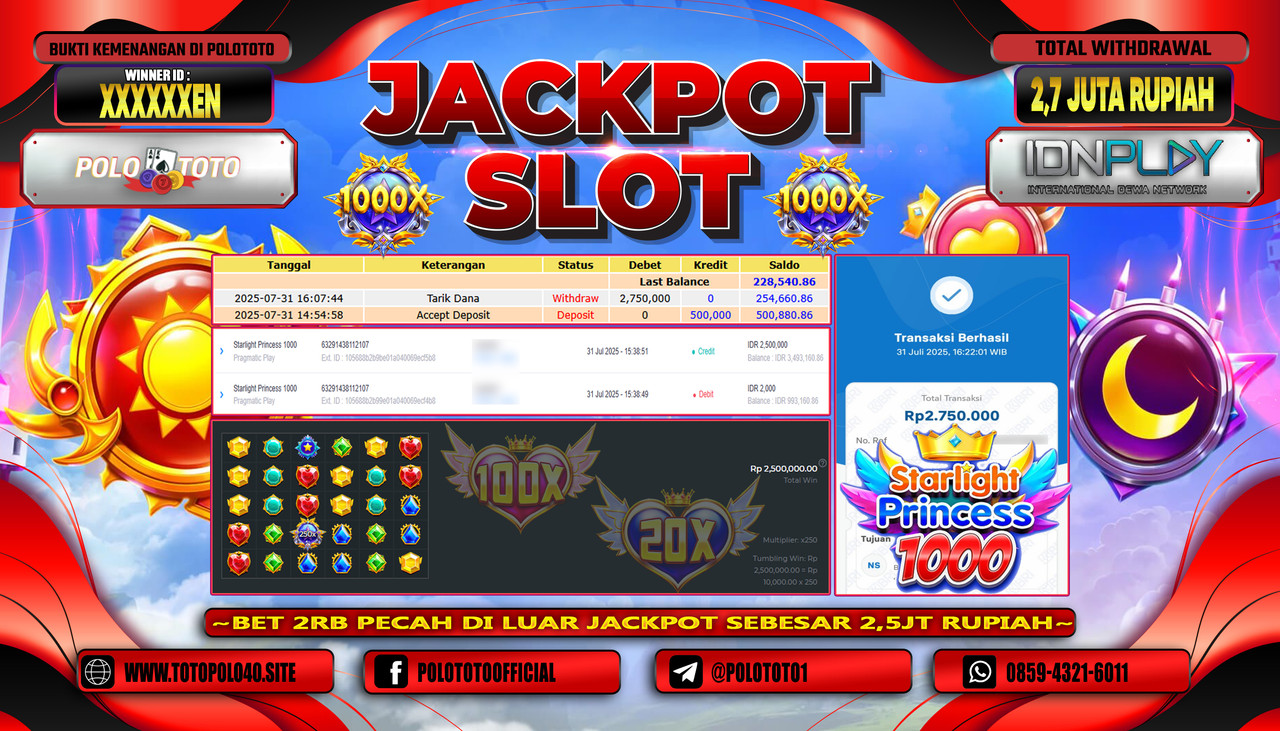POLOTOTO JACKPOT SLOT STARLIGHT PRINCESS 1000 Rp.2.700.000,-LUNAS
