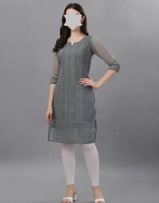 Trendy Chikan Embroidery Georgette Kurti Color Grey (R109)
