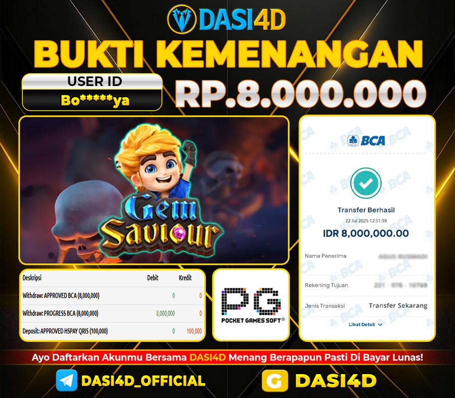 BUKTI KEMENANGAN 22 JULI 2025 DI GEM SAVIOUR RP 8.000.000 