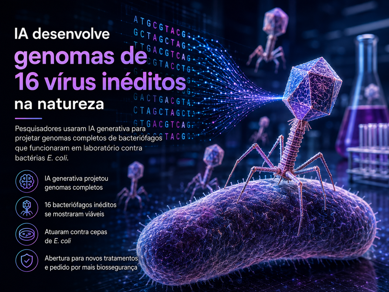 IA projeta 16 vírus bacterianos inéditos e leva a biologia generativa do computador para o laboratório