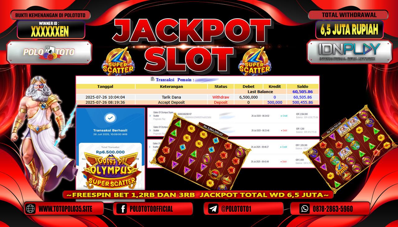 POLOTOTO JACKPOT SLOT GATES OF OLYMPUS SUPER SCATTER Rp.6.500.000,-LUNAS