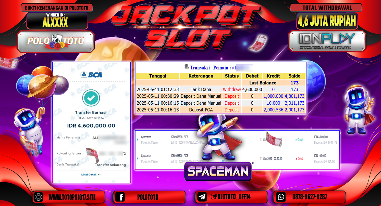 POLOTOTO JACKPOT SLOT SPACEMAN Rp.4.600.000,-