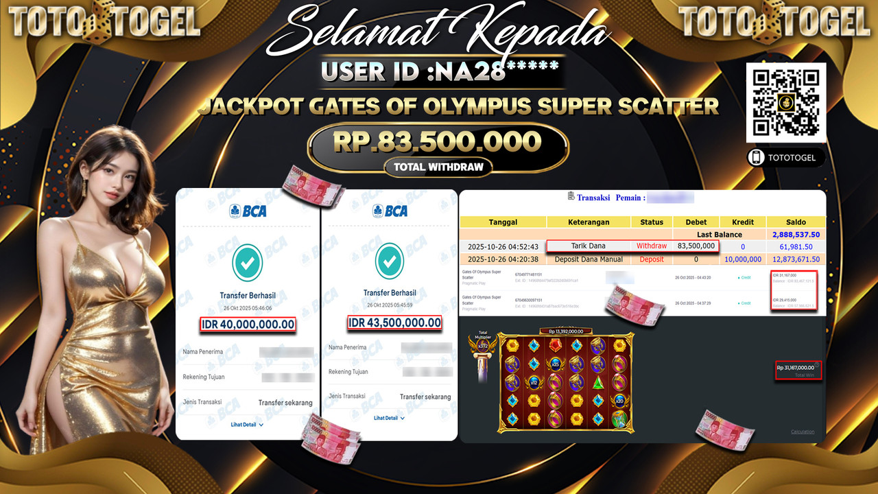 Bukti Pembayaran Jackpot Permainan Slot Gates Of Olympus Super Scatter ID:NA28**** LUNAS