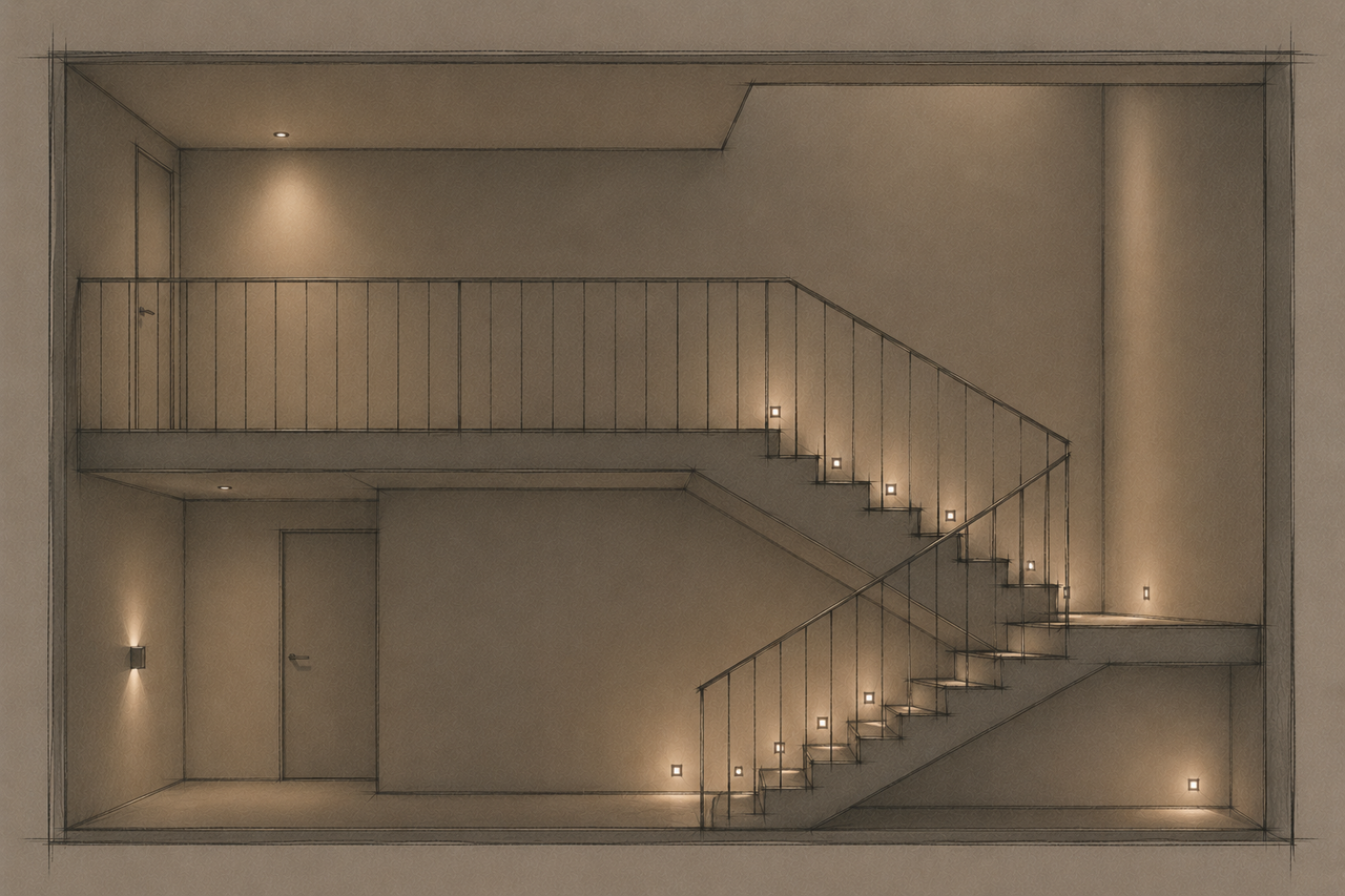 Architektonische Treppenhausbeleuchtung mit Wandaufhellung, klarer Lichtführung und ruhigem Raumkomfort
